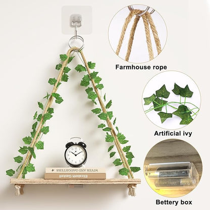 Fixwal Artificial Ivy LED-Strip Floating Shelves Set of 3, Macrame Hanging Shelves Plant Wall Decor, Rustic Boho Wood Wall Storage Shelves for Bedroom, Living Room, Bathroom Decor (Rustic Brown)