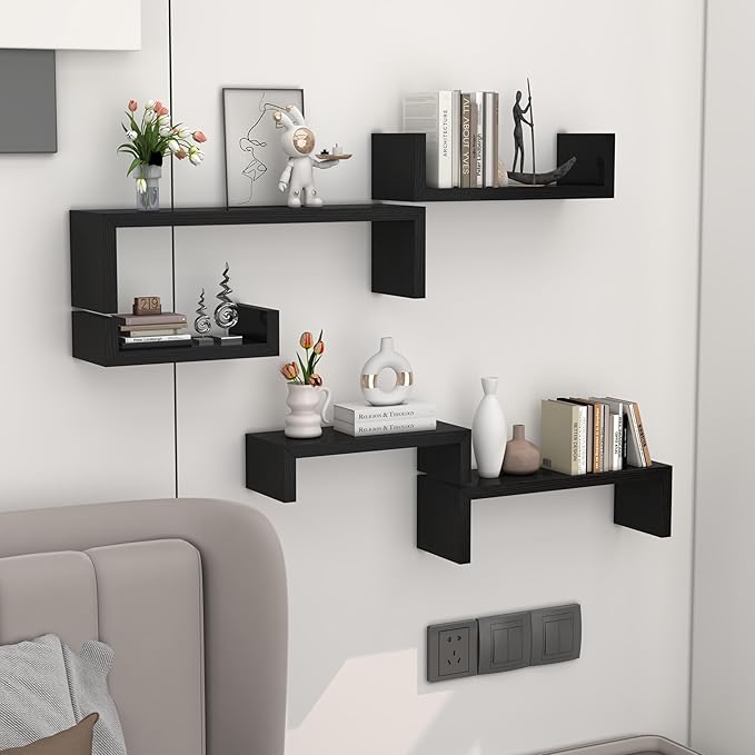 Black Floating Shelves for Wall Shelf for Bedroom, Waterproof Solid Wood Floating Shelves Bathroom，Small Relief Textures, Suitable for Bedroom, Living Rooms, Kitchens, Office, and Bathroom