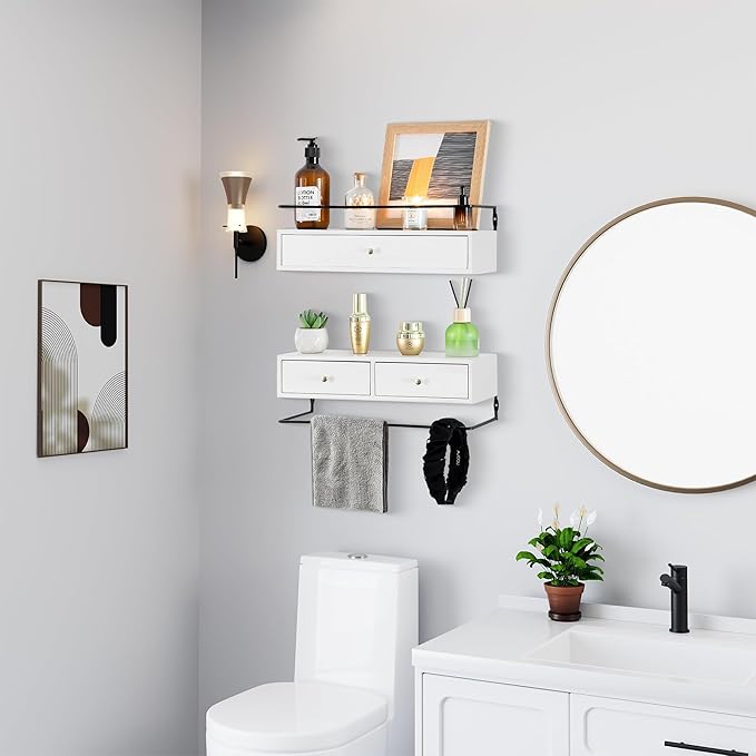 Floating Shelves for Wall Storage - Wall Mounted Bathroom Shelf Set of 2 with Drawers, Rustic Wood Shelves for Bedroom, Living Room, Kitchen, Home Decor, Plants, Books