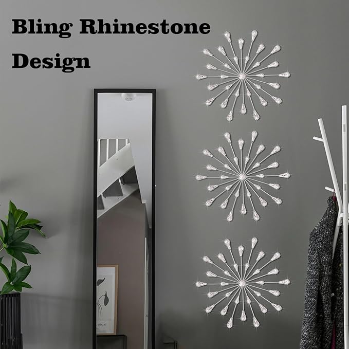 ZEXUIRU 3 Pack Silver Sunburst Wall Decor – Metal Crystal Wall Art with Sparkling Rhinestones, 14’’/18 Inch Starburst Wall Hanging Set for Living Room Bedroom Bathroom – Modern Bling Home Decorations