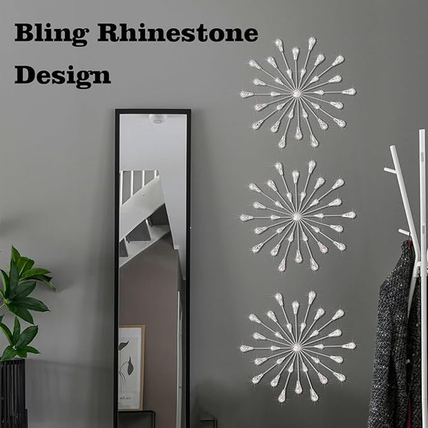 ZEXUIRU 3 Pack Silver Sunburst Wall Decor – Metal Crystal Wall Art with Sparkling Rhinestones, 14’’/18 Inch Starburst Wall Hanging Set for Living Room Bedroom Bathroom – Modern Bling Home Decorations