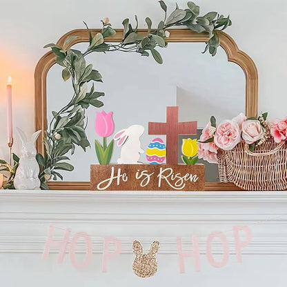 He is Risen Wood Block Table Sign Wooden Bunny Tulips Cross Table Top Decorations Tiered Trays Desk Shelf Easter Home Office Coffee Bar Decor 6 Pieces