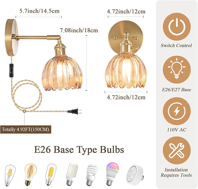 Plug-in Wall Sconce, Vintage Wall Decorative Lamp with Amber Glass Shade, Indoor Plug-in Wall Sconce for Bedroom, Living Room, Hallway