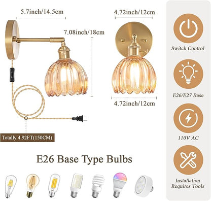 Plug-in Wall Sconce, Vintage Wall Decorative Lamp with Amber Glass Shade, Indoor Plug-in Wall Sconce for Bedroom, Living Room, Hallway