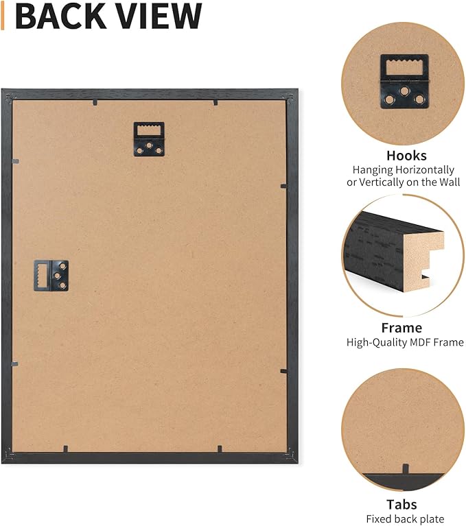 11x14 Picture Frame Set of 4, Displays 8x10 with Mat or 11x14 Without Mat, Photo Frames for Wall Hanging or Tabletop, Includes HD Plexiglass, Black