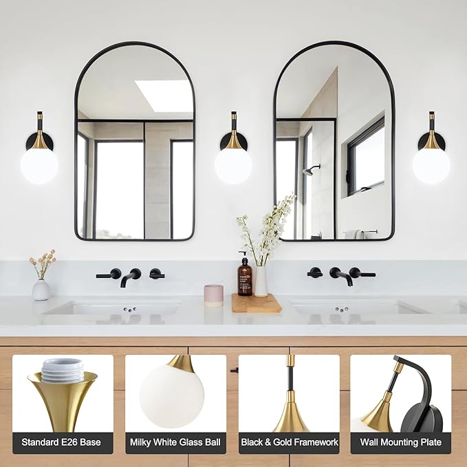 1-Light Bathroom Wall Sconce Light,Black and Gold Vanity Lighting with White Milk Globe Glass Shade, Vintage Wall Light Fixture Wall Lamp Wall Mount Light for Bedroom Hallway