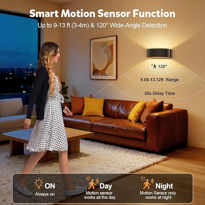 Motion Sensor Wall Sconces Set of 2, Rechargeable 5000mAh Battery Operated Wall Light with Remote Control 3 Colors Temperatures & Dimmable 15 RGB Colors Up and Down Wireless Wall Mount Light