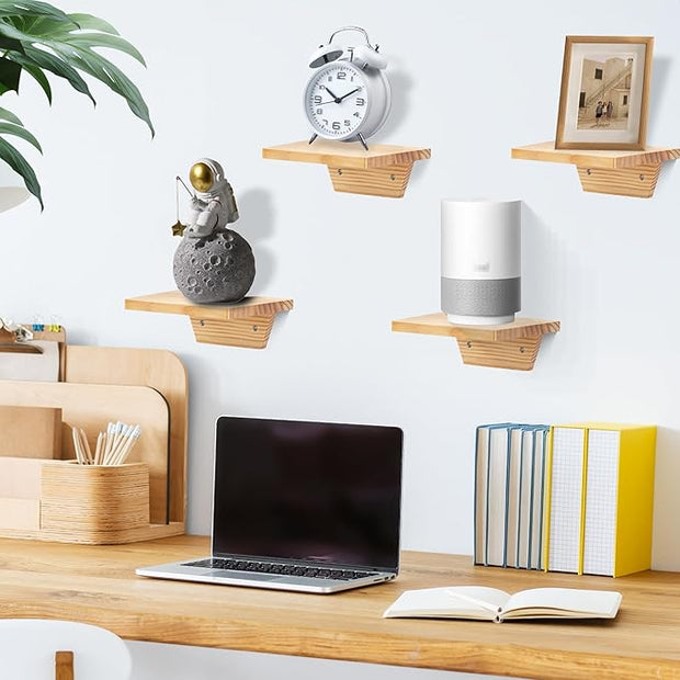 PHOENANCEE Small Floating Shelves,Trapezoid Wall Shelf for Speaker Table Lamp Plants Display,Decorative Wood Ledges Chic for Living Room,Bedroom,Kitchen,Office,Pine,8x6 Inch,2 Pack（Natural Wood）