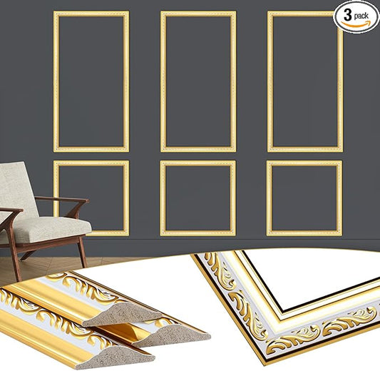 3 Set Gold White Peel and Stick Wall Molding Kit 6 Frame Premade Wainscoting Accent Panel Ready to Assemble 3D Wall Panels Trim for Interior Mirror Home Molding Decor, 54 x 24 Inch