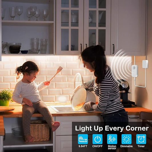Motion Sensor Under Cabinet Lights - Plug-in LED Strip Lights Indoor With UL FCC Approved Adapter, Dimmer And Timer For Kitchen Cabinet, Counter, Shelf, Showcase, Stairway, Bedroom, Corridor, Washroom