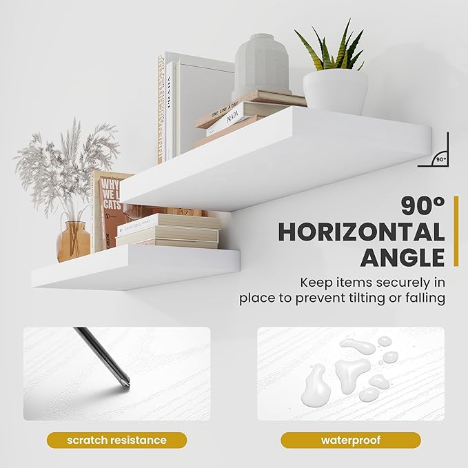 55 Inch Floating Shelves, 9.3" Deep Floating Shelf Wall Mounted, 56" Wall Shelves, Rustic Deep Bookshelf, Large Display Shelves & Storage Shelves for Bedroom, Living Room, White, Set of 1