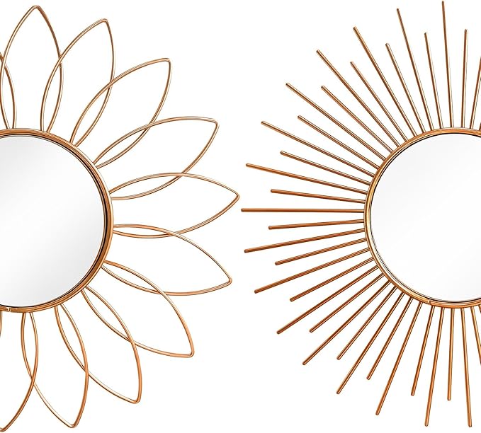 3 Pack Metal Mirrors for Wall Sunburst Wall Mirrors Home Décor Decorative Hanging Wall Art for Living Room Bedroom Entryway (Rose Gold2, Flower+Sunburst)