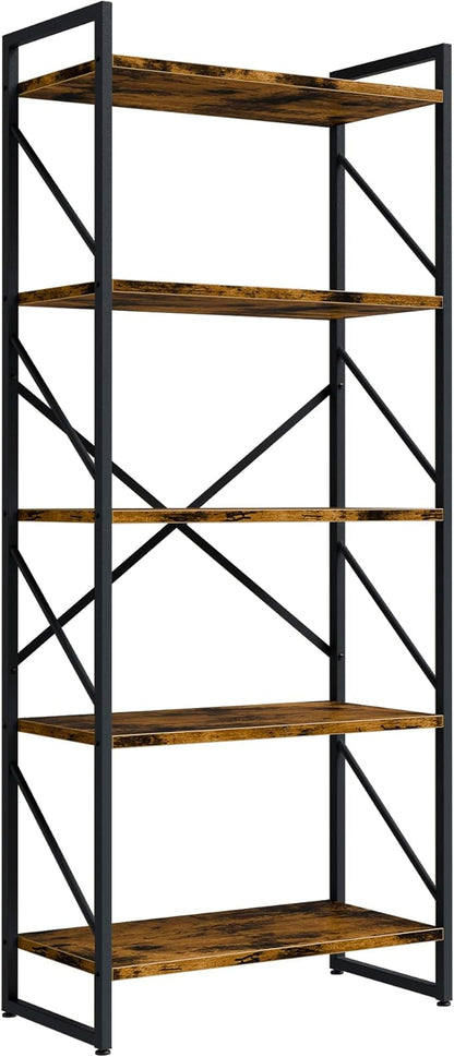 Shintenchi 5 Tiers Bookshelf, Classically Tall Bookcase Shelf, Industrial Book Rack, Modern Book Holder in Bedroom/Living Room/Home/Office, Storage Rack Shelves for Books/Movies-Rustic Brown