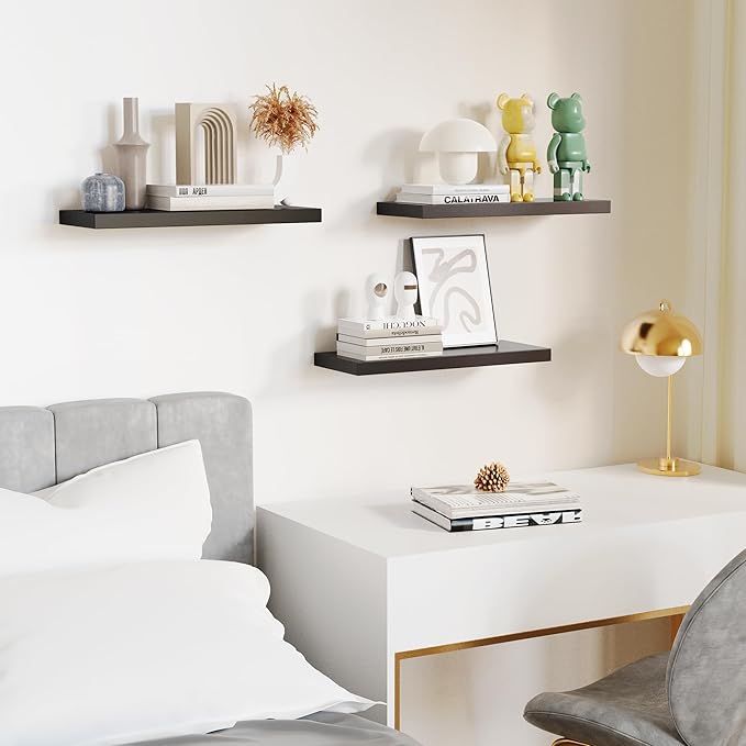 Floating Shelves Set of 3, Black Wood Wall Mounted Shelf 16" for Kitchen, Living Room, Bedroom, Bathroom Storage, Book Shelf, Home Decor, Frame Display