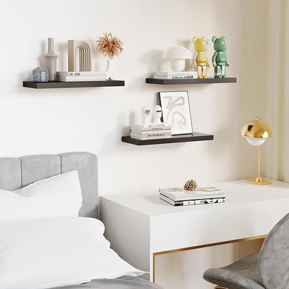 Floating Shelves Set of 3, Black Wood Wall Mounted Shelf 16" for Kitchen, Living Room, Bedroom, Bathroom Storage, Book Shelf, Home Decor, Frame Display