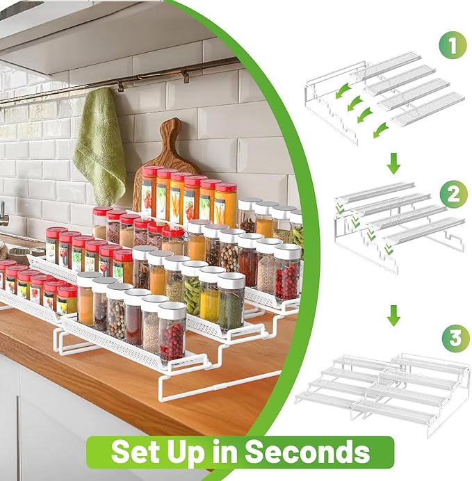 4 Tier Adjustable Spice Rack Organizer for Cabinet - White (2 PCS S&L) Expandable Spice Shelf with Protection Railing for Inside Cabinets, Countertop, Pantry Storage & Seasoning Organization