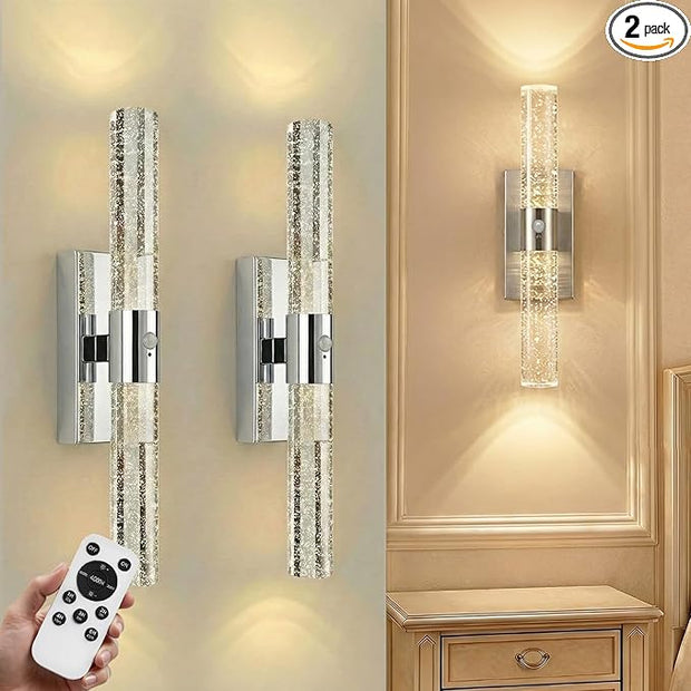 Motion Sensor Wall Sconces Battery Operated Set of 2, Rechargeable Wall Sconce, 3CCT Battery Wall Sconce, 12000mAh Dimmable with Remote for Bedroom, Living room, Hallway (15.3 inch - Chrome - 2 Pack)