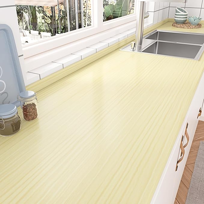 Wallercity Cozy Light Yellow Wooden Peel and Stick Wallpaper for Kitchen Countertops Wood Grain Maple Contact Paper for Cabinets Desk Self Adhesive Waterproof Wallpapers for Shelf Liner 15.8''x236''