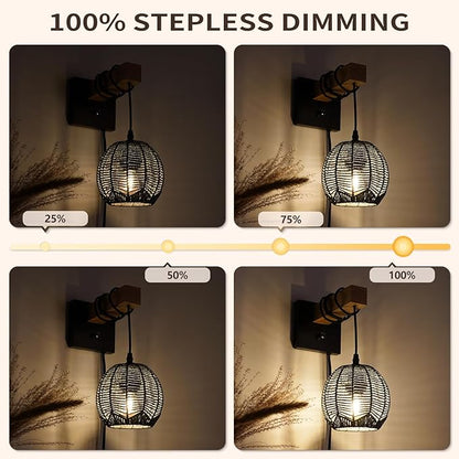 N01 100% Dimmer Wall Sconce with Hand Woven Rattan Boho Wall Lamp Farmhouse Wall Mount Light Fixture Plug in Wall Sconces for Bedroom Living Room Kitchen