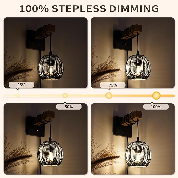 N01 100% Dimmer Wall Sconce with Hand Woven Rattan Boho Wall Lamp Farmhouse Wall Mount Light Fixture Plug in Wall Sconces for Bedroom Living Room Kitchen