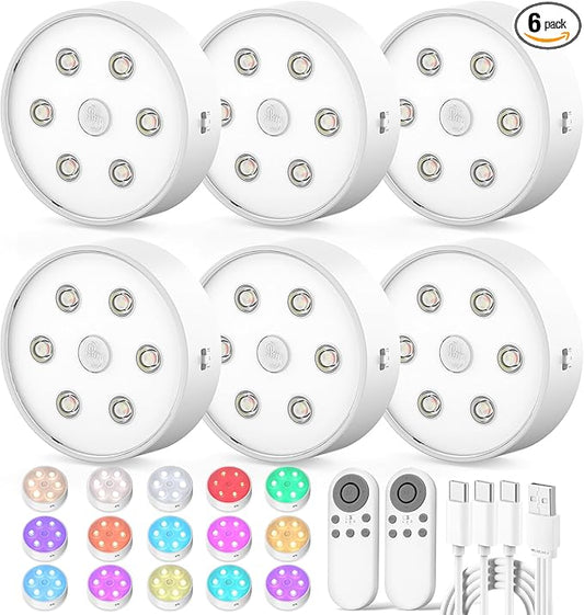 Onumii Rechargeable Under Cabinet Lighting Puck Lights with 2.4G Remote 2600mAh Sync and Groupable Color Changing Magnetic Stick on Tap Lights for Cabinet, Shelves, Display Case (6Pack White)