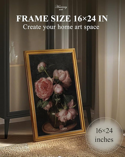 HUARCEY Framed Canvas Wall Art Prints, Bathroom Shelf Vintage Decor Aesthetic, Peony Floral Paintings Farmhouse Wall Decor, Retro Table Desk Decoration for Bedroom Living Room, 16x24Inch