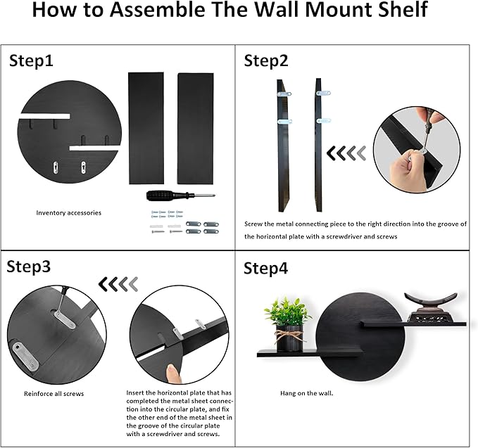 Black Circle Wood Wall Floating Shelf, Round Decorative Display Wall Mount Shelf, Hanging Shelves for Living Room, Bedroom, Bathroom, Home Office Wooden Wall Art Decor
