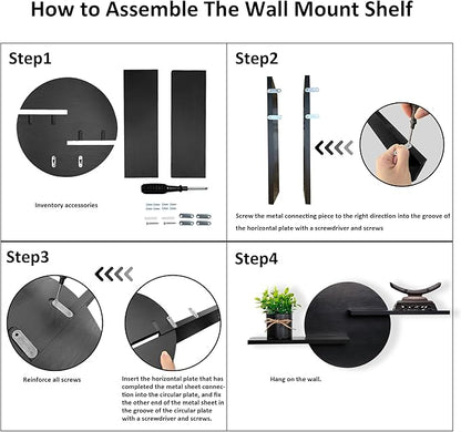 Black Circle Wood Wall Floating Shelf, Round Decorative Display Wall Mount Shelf, Hanging Shelves for Living Room, Bedroom, Bathroom, Home Office Wooden Wall Art Decor