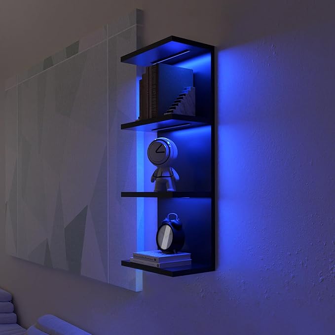 4-Tier Wall Shelf Unit with RGB Lights, Floating Lack Shelf for Home Decor, Wall Mounted Vertical Display Shelf for Bedroom Living Room Vanity, Black