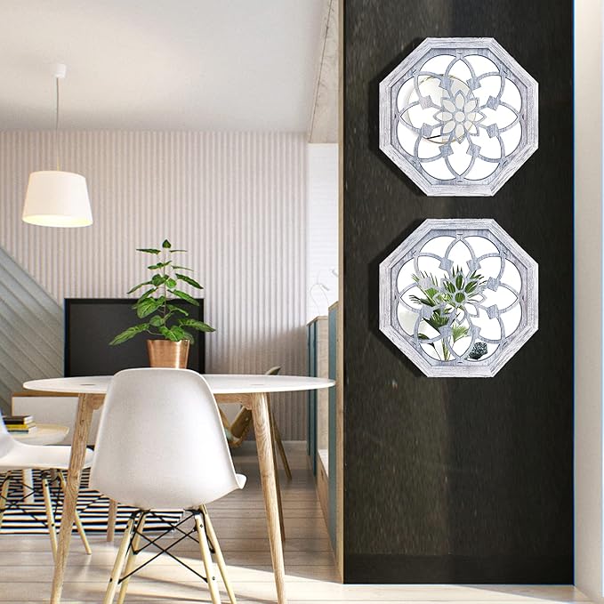 2 PCS Octagon Wall-Mounted Mirrors,Vintage Farmhouse Mirror for Wall Decor,Rustic White Color Decorative Accent Mirror for Foyer, Bathroom, Bedroom. (12”x12”)
