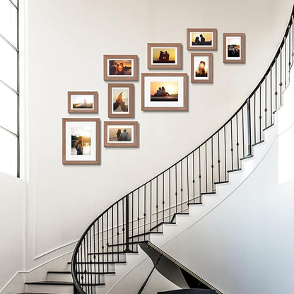 Picture Frames, Made of Real Glass and Wooden Frame, Gallery Photo Frames Set of 10 for Collage Wall Decor, Multi Sizes Including 8x10, 5x7, 4x6 for Mounting or Tabletop Display, Light Brown