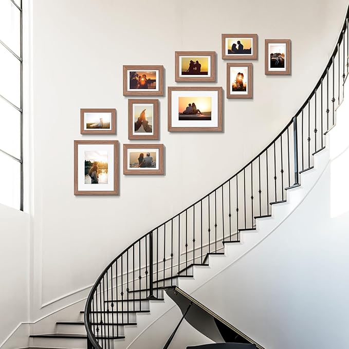 Picture Frames, Made of Real Glass and Wooden Frame, Gallery Photo Frames Set of 10 for Collage Wall Decor, Multi Sizes Including 8x10, 5x7, 4x6 for Mounting or Tabletop Display, Light Brown