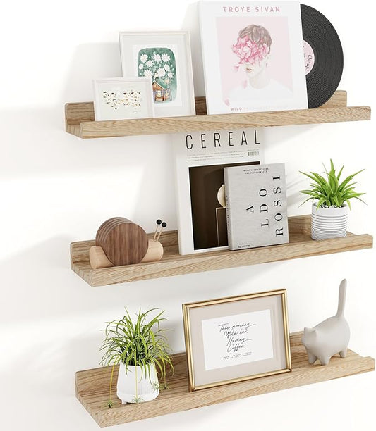 RICHFOCUS Floating Shelves for Wall, 24 inch Solid Wood Picture Ledge Shelf for Wall Storage, Nursery Book Shelves with Lip for Living Room Bathroom Bedroom Kitchen, Set of 3, Carbonized Black