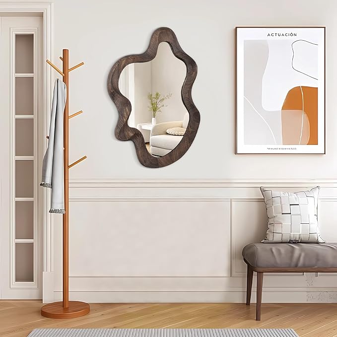 Asymmetrical Wavy Mirror for Wall Decor - Large Cute and Stylish Unique Wooden Framed Artistic Cloud Mirror, 21.6