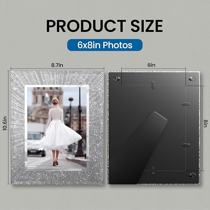 6x8 Picture Frame Glass 2 Pack, Sparkly Glitter Photo Frame 6 x 8 Mirror Crystal Wedding Gift Wall and Tabletop Display