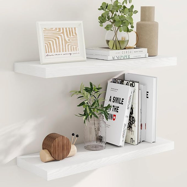 Fun Memories 32" W x 9.3" D Floating Shelves in White, Rustic Wood Deep Shelves for Bedroom, Kitchen, Living Room, Long Floating Shelf for Wall, Storage Display Wall Shelf for Books Decor