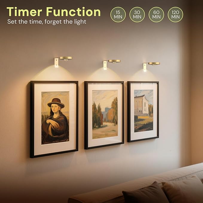 L LOHAS LED Gold Wireless Picture Lights for Wall, 3 Pack Magnetic Rechargeable 1200mAh Battery Operated Picture Light with Remote & Timer, Dimmable 3CCT Art Light for Paintings, Frames, Gallery
