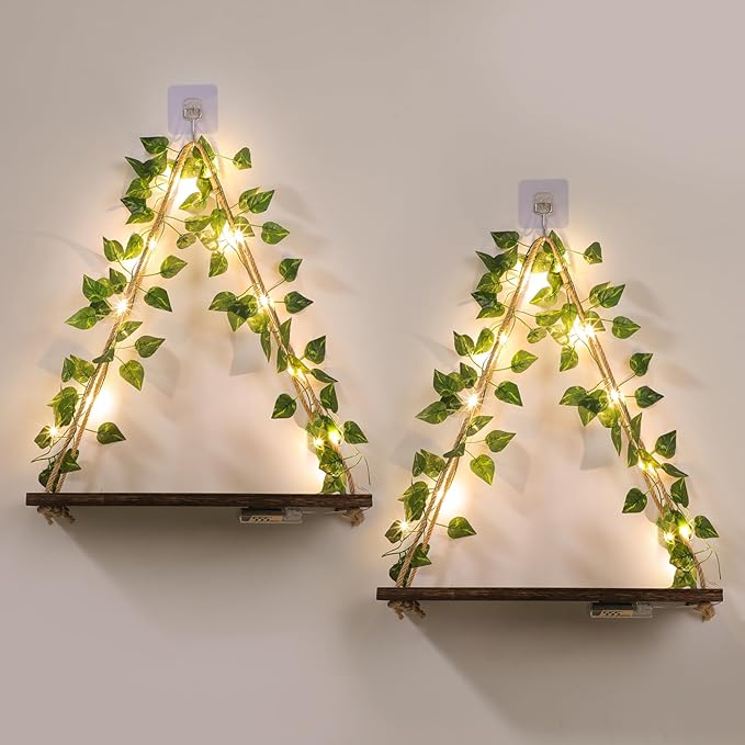 EXIN DECHEN Floating Shelves for Wall No Drilling,Wall Shelves,Hanging Shelf,Leaves and Light Strip with Flower,Set of 2 Plant Decor for Home Livingroom Bedroom,Led Room Decor Aesthetic,Gift