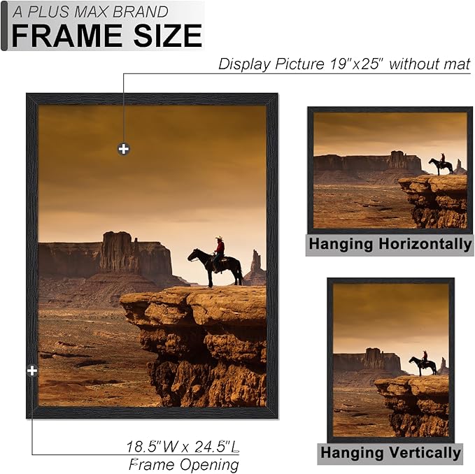 A PLUS MAX 19x25 Picture Frame, Black Engineered Wood Frame for 19 x 25 Inch Picture Poster Photo, Light Weight 19 by 25 Frame with Wood-grain for Wall - 1 Pack/Black/19 x25