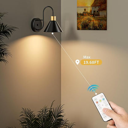 Frideko Rechargeable Wall Sconces Set of Two, 3 Color Dimmable Battery Operated Wall Lights with Remote, Black Wireless Wall Lamp with Timer, Indoor Sconce Lighting for Living Room Bedroom Picture