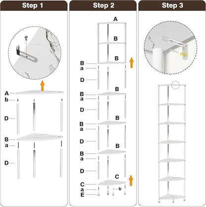 7 Tier Corner Shelf Stand Kitchen Organizer with Metal Frame for Organization & Storage Corner Shelves Kitchen Decor Accessories Marble White 64.7"
