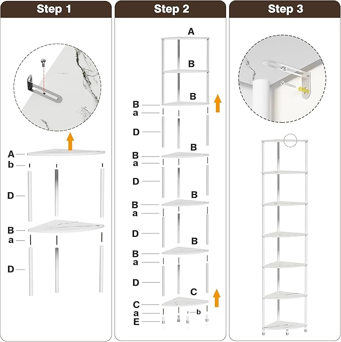 7 Tier Corner Shelf Stand Kitchen Organizer with Metal Frame for Organization & Storage Corner Shelves Kitchen Decor Accessories Marble White 64.7