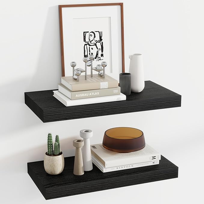 12 Inch Deep Floating Shelves, 24 Inch Long Floating Shelves for Wall, Floating Shelf with Invisible Brackets, Deep Shelves for Bathroom, Bedroom, Living Room, 2 Pack, Black