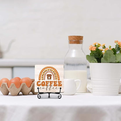Coffee Bar Decor, Farmhouse Kitchen Table Decor, Coffee Station Accessories, Wooden Decorative Sign with Iron Stand for Table Desk Shelf Display-E28