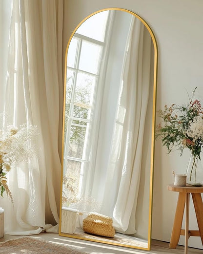 Full Length Mirror with Stand, 58"x19" Arched Full Body Mirror, Large Stand Up Aluminum Frame Floor Freestanding Hanging Leaning Mounted for Bedroom Living Room Entryway Gold