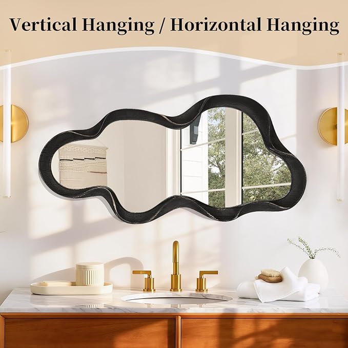 Large Asymmetrical Mirror Irregular Modern Cloud Wall Mirror Wood Frame Unique Artistic Wavy Mirror Wall Mounted Vanity Mirror Decorative for Living Room Bedroom Bathroom Entryway Hallway 30