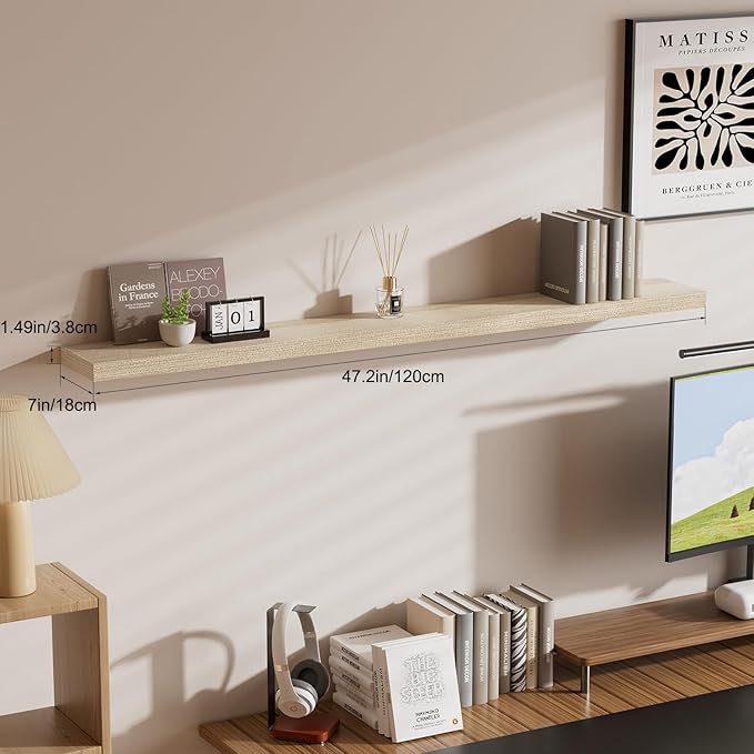 Floating Shelves for Wall, Bathroom Shelves Over Toilet, Wall Shelves & Book Shelf for Room, Hanging Shelf, Modern Wooden Mounted Floating Shelves, 48x7x1.5 in (Oak, Set of 1)