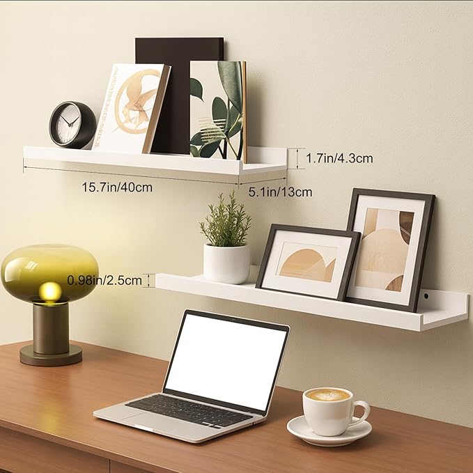 16inch Floating Picture Ledge Shelves 2-Pack, White Wall Mounted Shelves with Lip for Nursery, Kids Room, Living Room & Bedroom, Sturdy Floating Book Shelves for Photo Frames & Decor