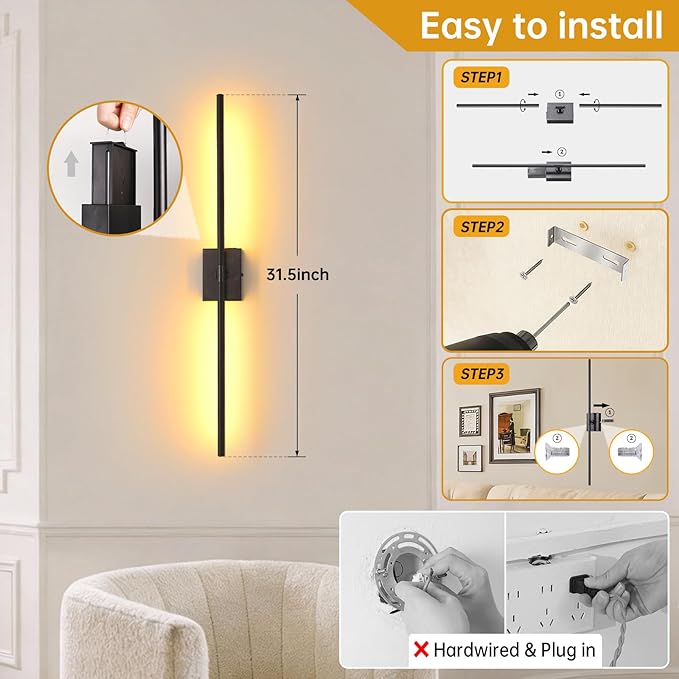 Battery Operated Wall Sconce Set of 2, 10000mAh Rechargeable Wall Sconces with Detachable Battery, Indoor 350°Rotate Wall Lights for Bedroom Living Room, Black, 31.5 Inch