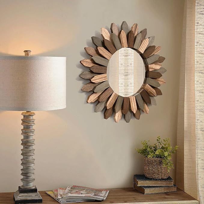 Honiway Boho Wall Decor 12 inch Decorative Mirror with Rustic Wood Sunburst Frame, Perfect for Bedroom, Living Room, Bathroom, Kitchen